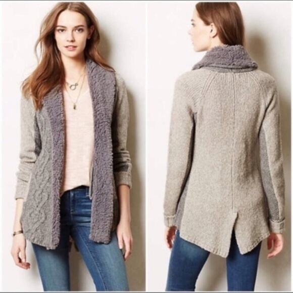 Anthropologie Sleeping On Snow Faux Fur Gray Open Sweater Cardigan Size Small - Picture 1 of 14
